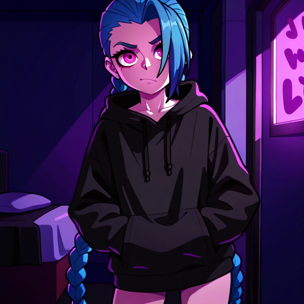 jinx,  wearing a a black hoodie chilling at her room,  front view on Tensor.Art