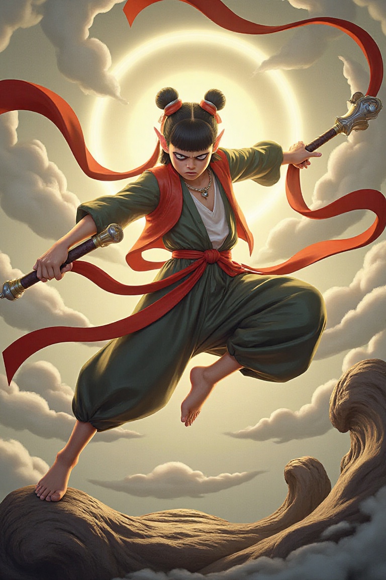 Nezha,  Chinese mythology character,  in a dynamic digital illustration style. Nezha is posed mid-action on Tensor.Art