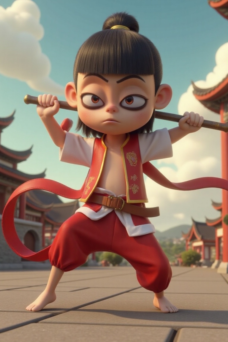 Nezha,  Chinese mythology character,  in a 3D animation style. Nezha is posed dynamically on Tensor.Art