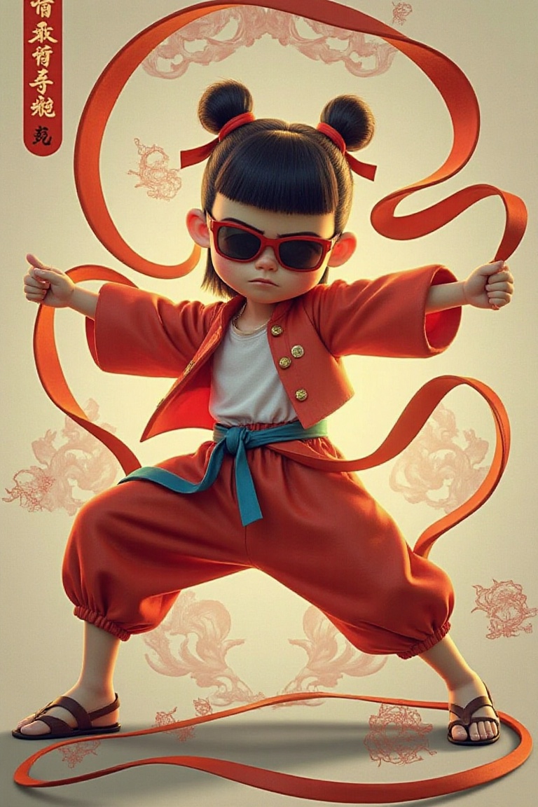 Nezha,  Chinese mythology character,  wearing sunglasses in a dynamic digital illustration style. Nezha is posed mid-actio...