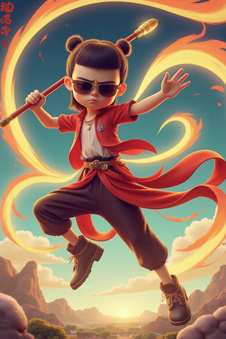 Nezha,  Chinese mythology character,  wearing sunglasses in a dynamic digital illustration style. Nezha is posed mid-actio...