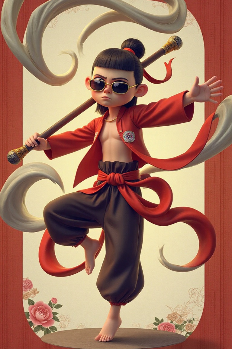 Nezha,  Chinese mythology character,  wearing sunglasses in a digital illustration style. Nezha is posed with one leg forw...