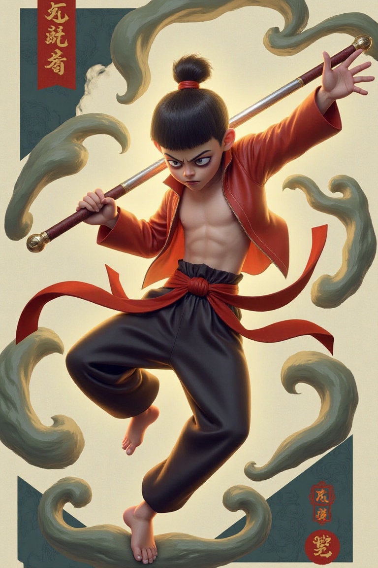 Nezha,  Chinese mythology character,  in a dynamic digital illustration style. Nezha is posed mid-action on Tensor.Art