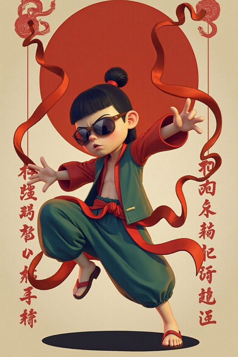 Nezha,  Chinese mythology character,  wearing sunglasses in a digital illustration style. Nezha is posed with one leg forw...