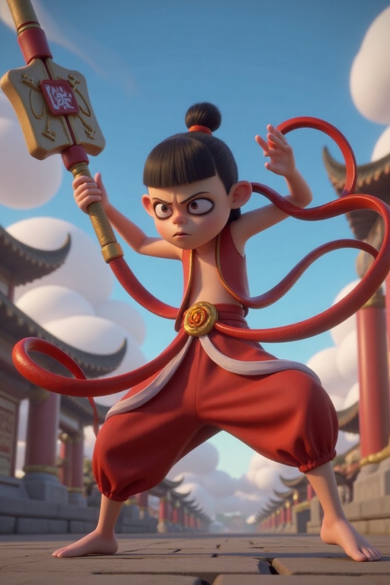 Nezha,  Chinese mythology character,  in a 3D animation style. Nezha is posed dynamically on Tensor.Art