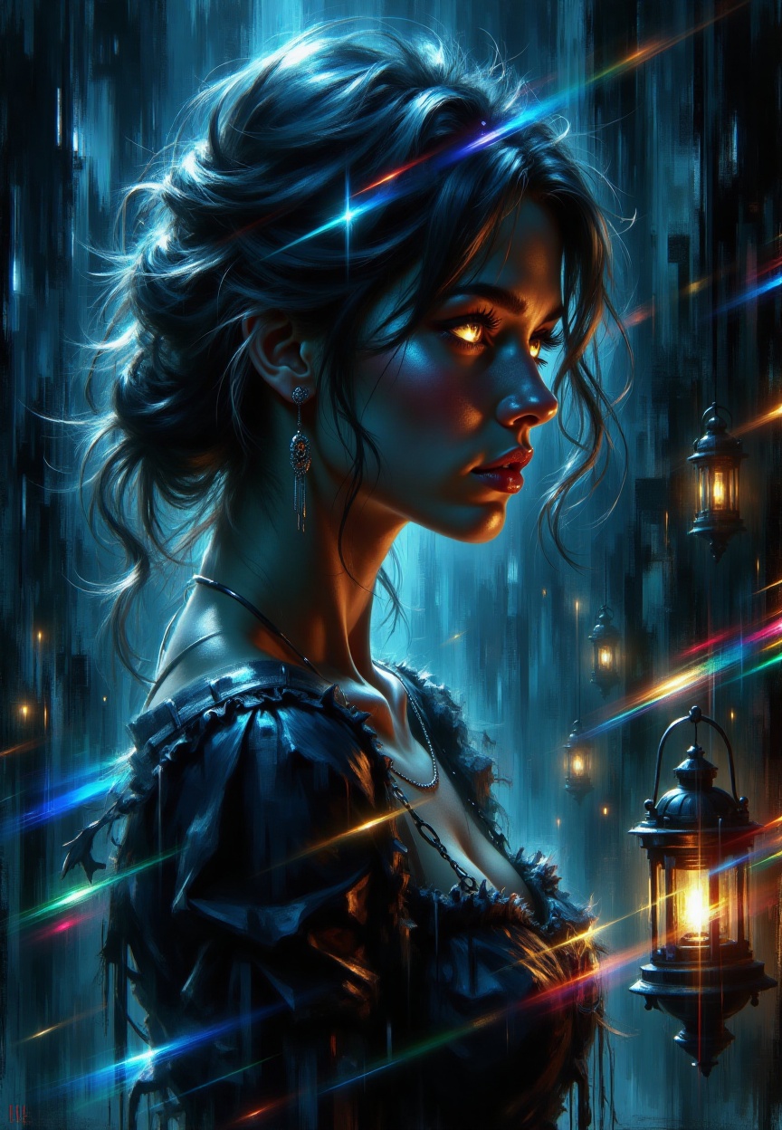A stunning model slowly emerges from darkness,  illuminated by faint,  flickering light. Shadows dance across her pale ski...