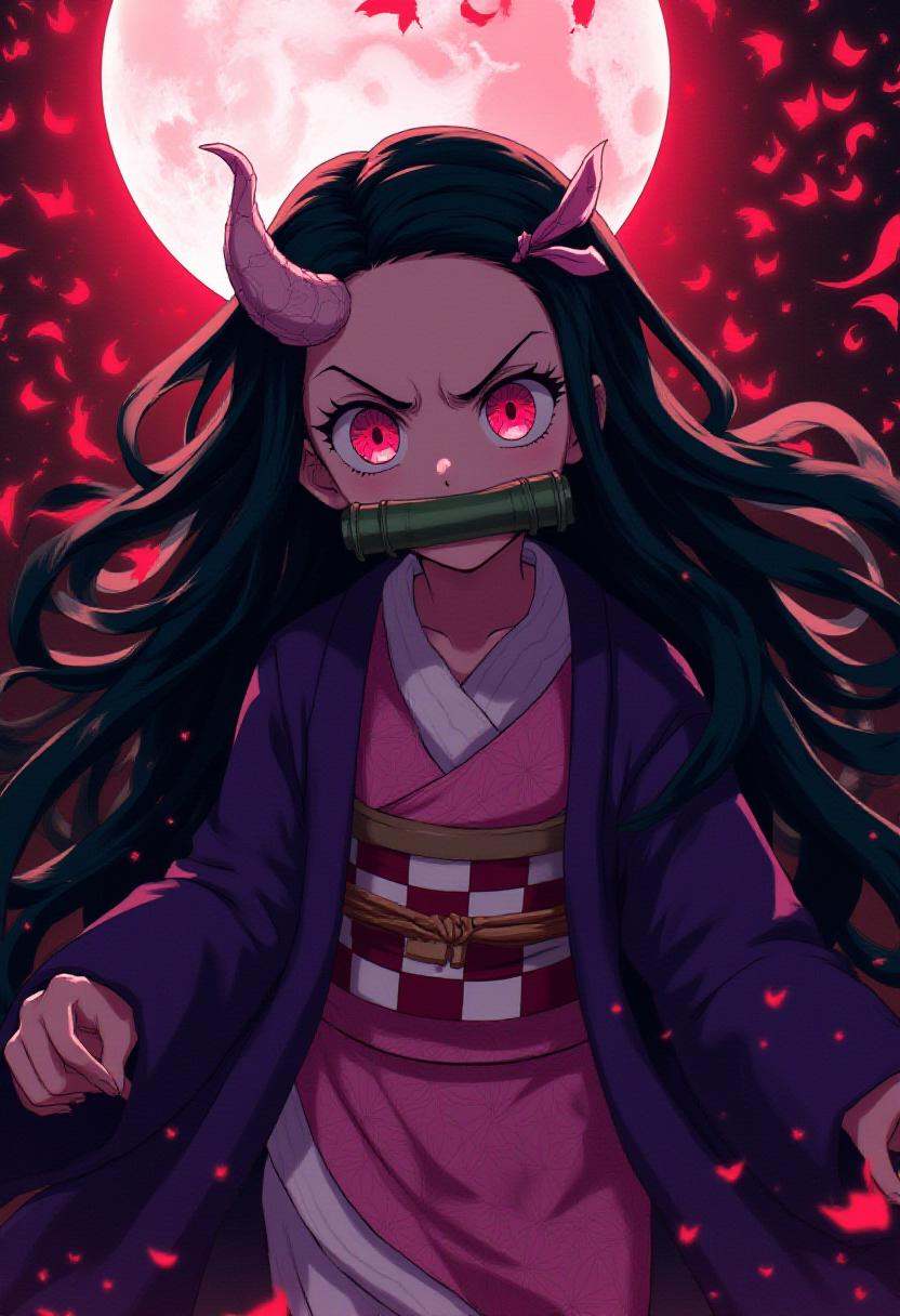 raging nezuko in demon from with bamboo mouth protector under the moon on Tensor.Art