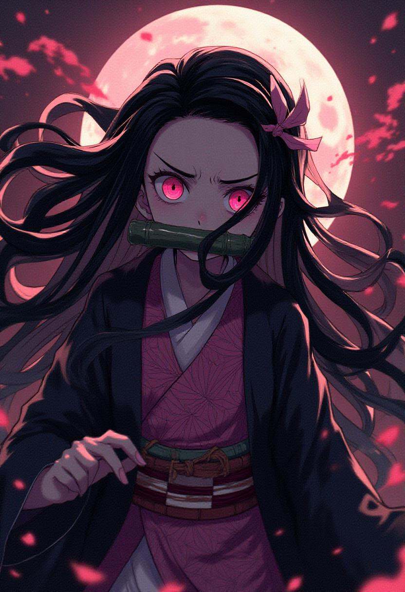 raging nezuko in demon from with bamboo mouth protector under the moon on Tensor.Art