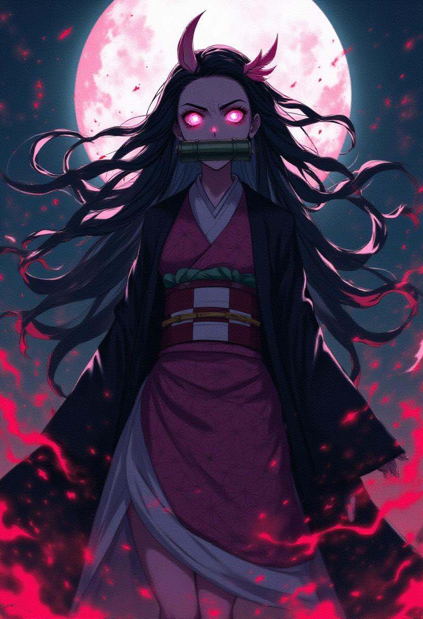raging nezuko in demon from with bamboo mouth protector under the moon on Tensor.Art