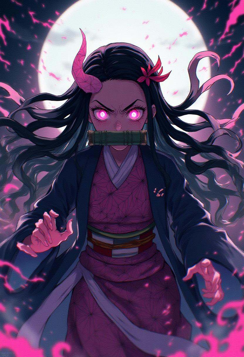 raging nezuko in demon from with bamboo mouth protector under the moon on Tensor.Art