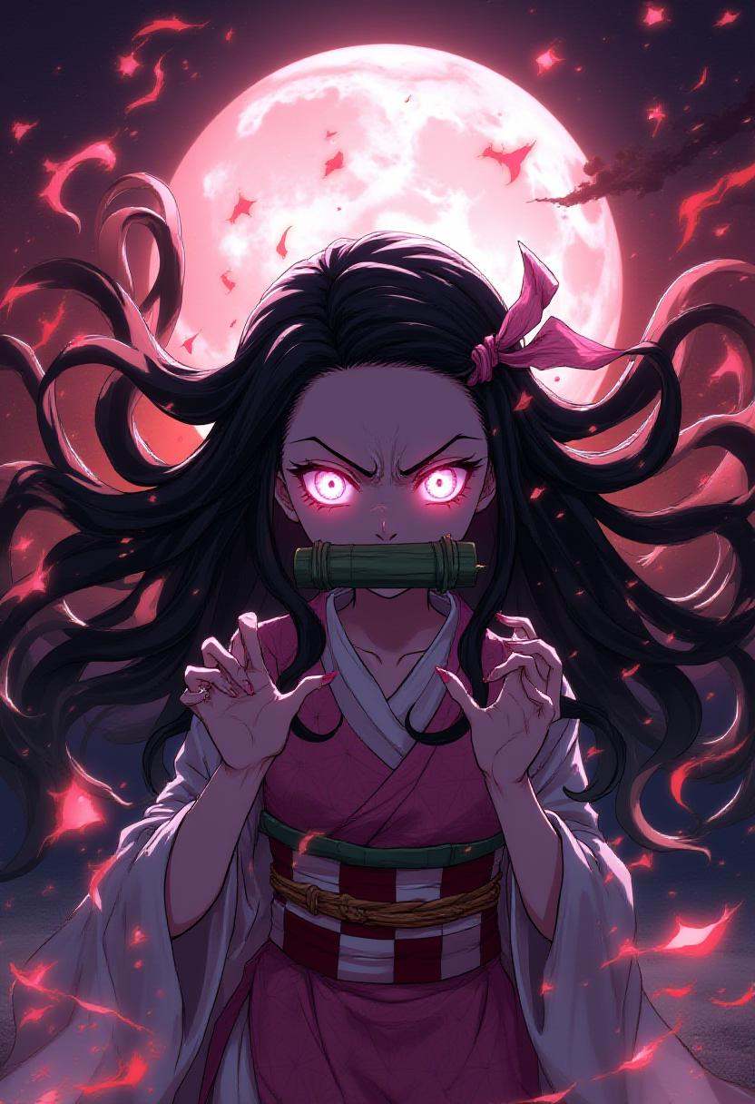 raging nezuko in demon from with bamboo mouth protector under the moon on Tensor.Art