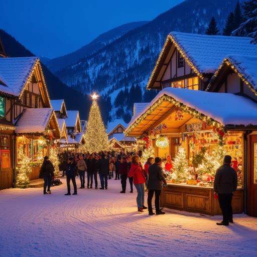 illuminated Christmas scene in a quaint,  christmas town. The image is a photograph of a snowy,  their roofs and eaves dus...
