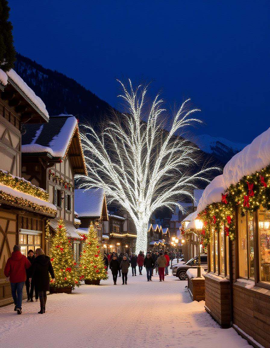 illuminated Christmas scene in a quaint,  christmas town. The image is a photograph of a snowy,  their roofs and eaves dus...