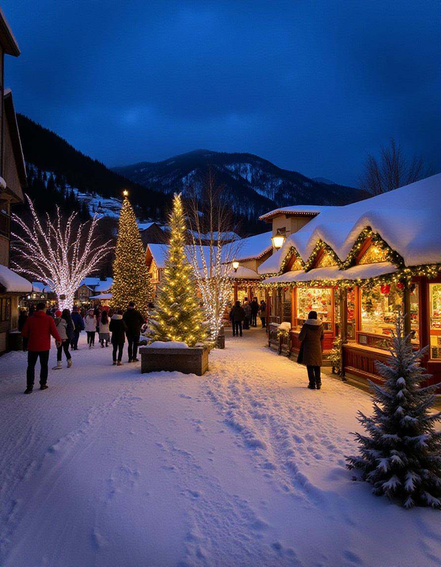 illuminated Christmas scene in a quaint,  christmas town. The image is a photograph of a snowy,  their roofs and eaves dus...