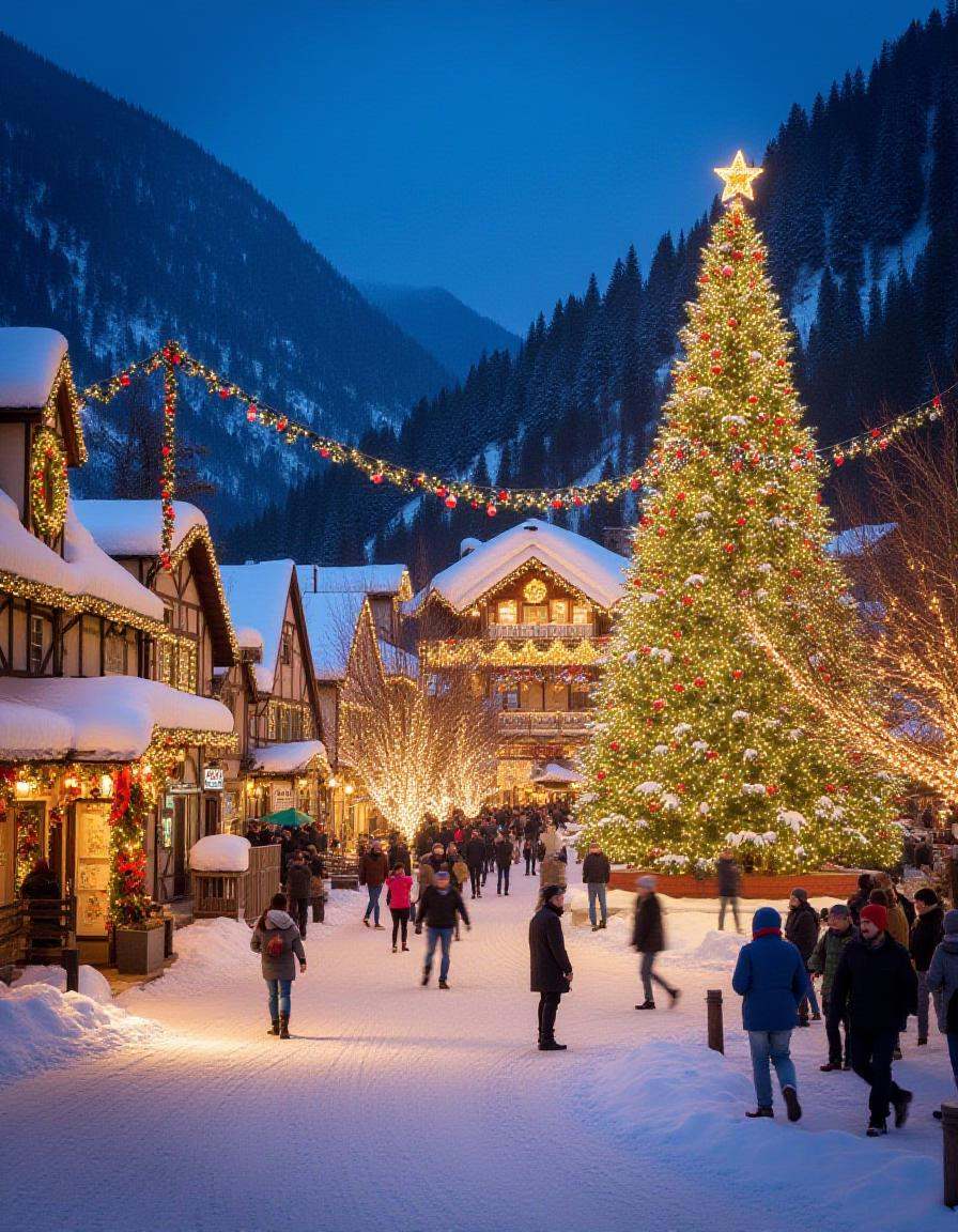 illuminated Christmas scene in a quaint,  christmas town. The image is a photograph of a snowy,  their roofs and eaves dus...