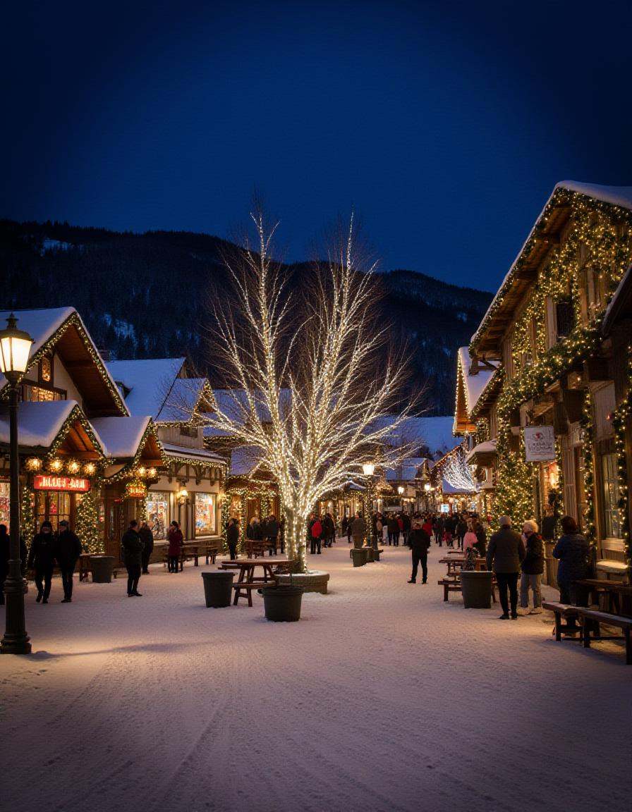 illuminated Christmas scene in a quaint,  christmas town. The image is a photograph of a snowy,  their roofs and eaves dus...