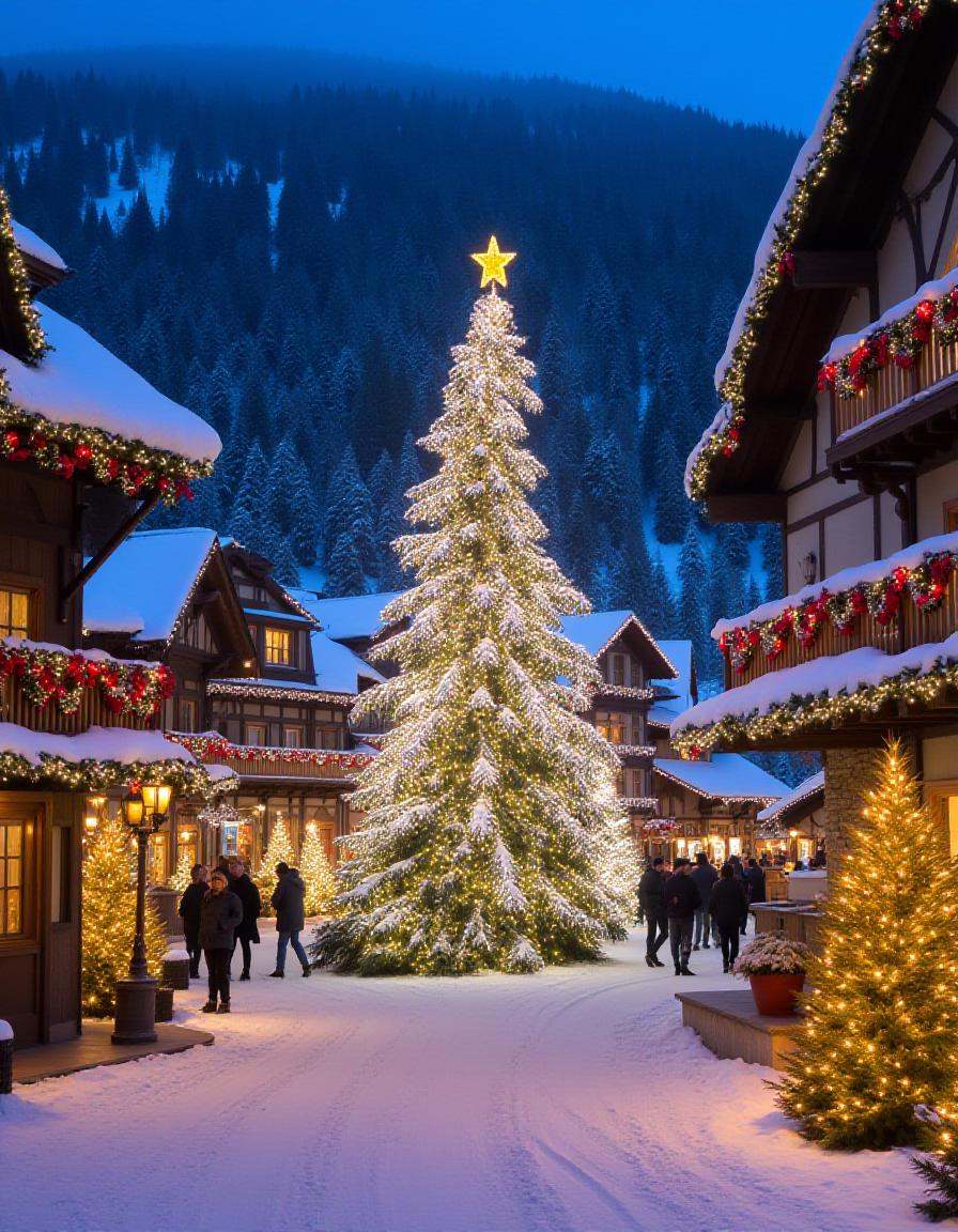 illuminated Christmas scene in a quaint,  christmas town. The image is a photograph of a snowy,  their roofs and eaves dus...