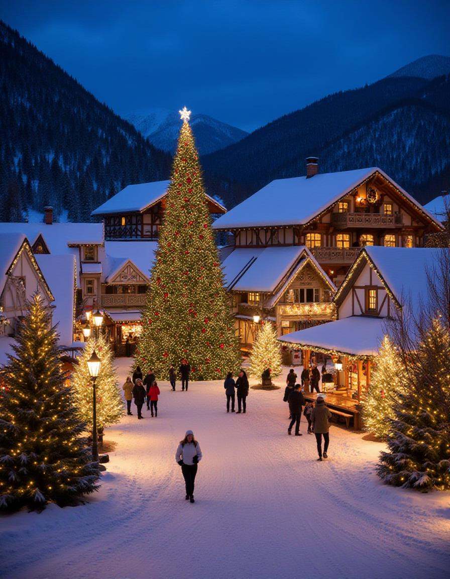 illuminated Christmas scene in a quaint,  christmas town. The image is a photograph of a snowy,  their roofs and eaves dus...
