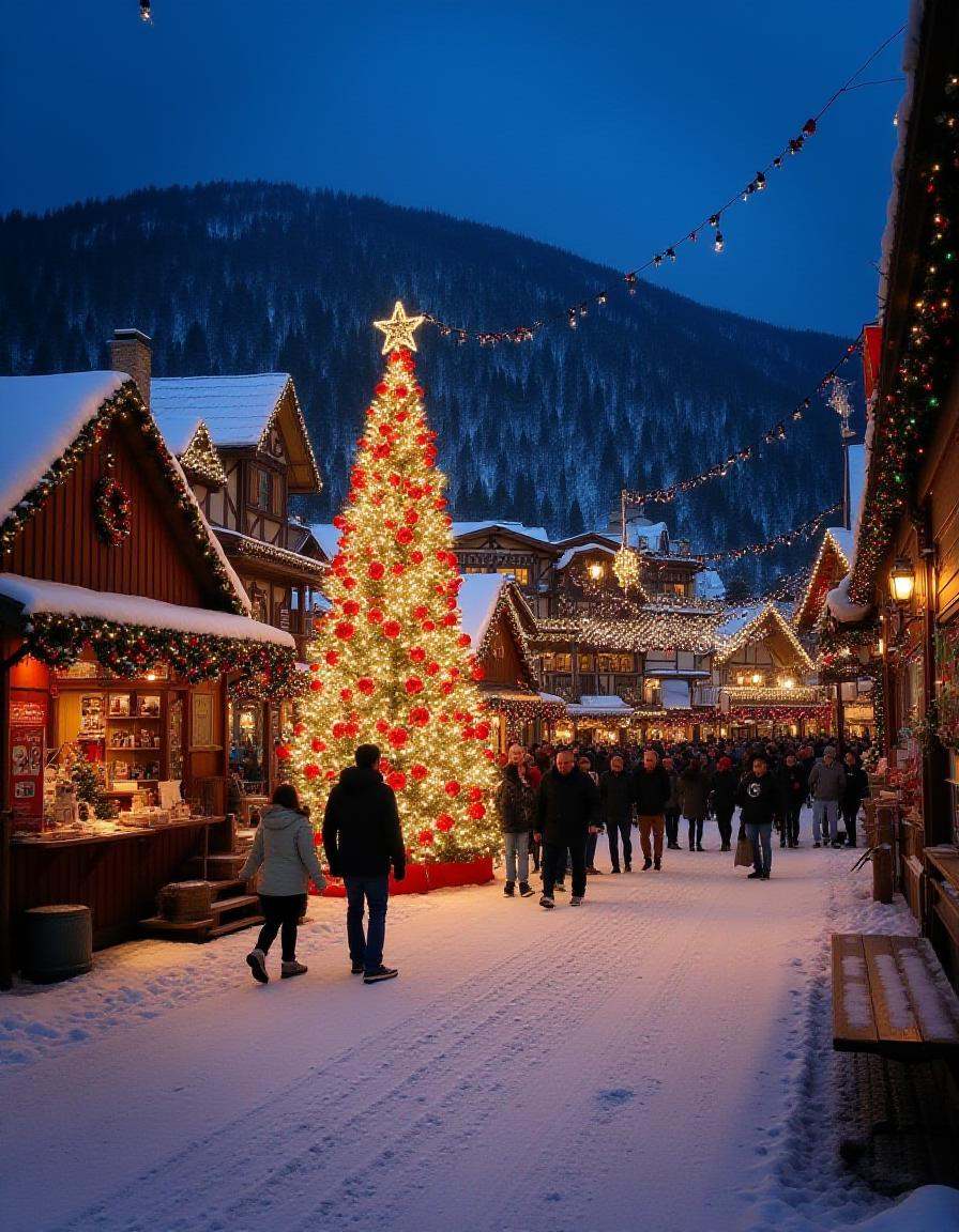 illuminated Christmas scene in a quaint,  christmas town. The image is a photograph of a snowy,  their roofs and eaves dus...