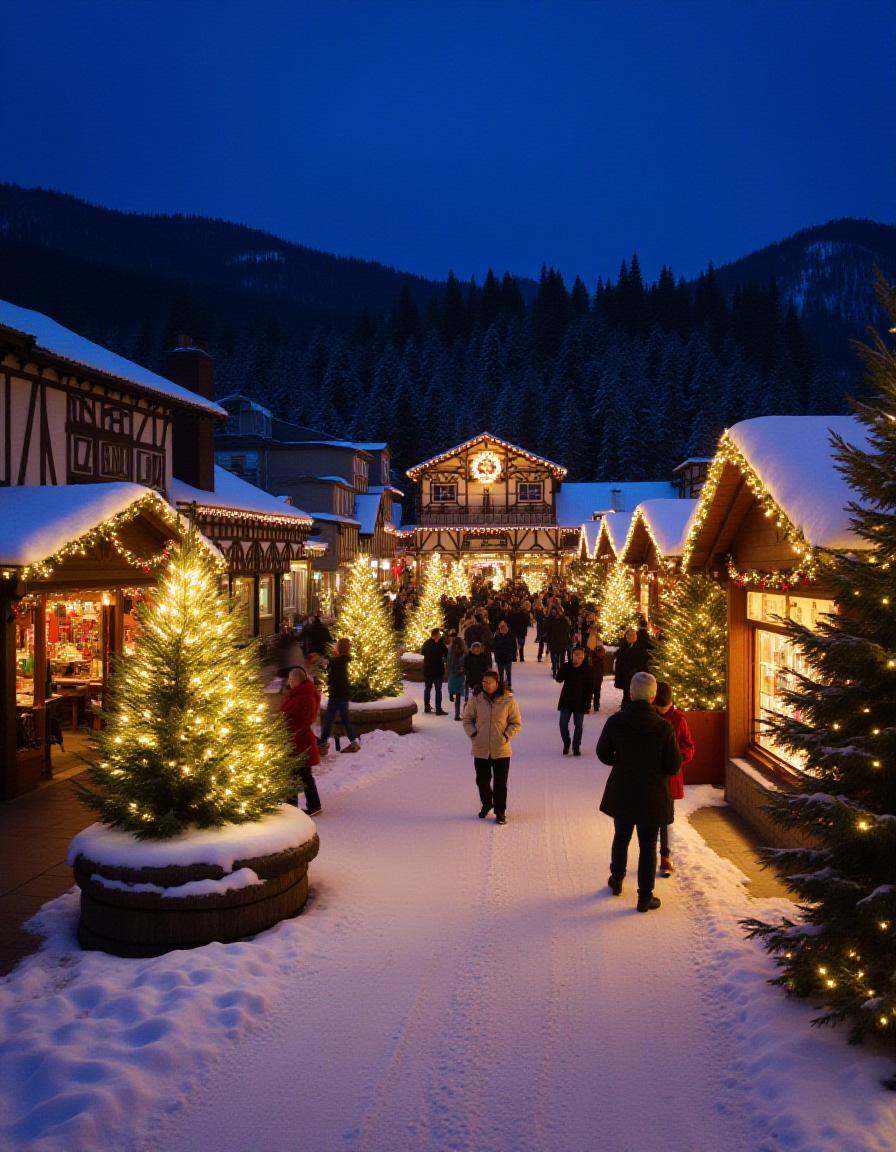 illuminated Christmas scene in a quaint,  christmas town. The image is a photograph of a snowy,  their roofs and eaves dus...