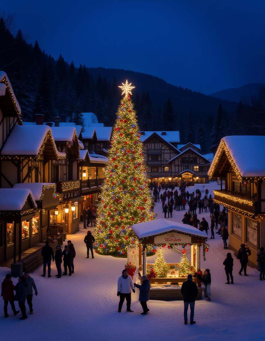 illuminated Christmas scene in a quaint,  christmas town. The image is a photograph of a snowy,  their roofs and eaves dus...