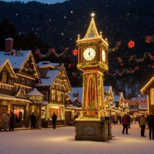 ornate clock tower adorned with warm,  adorned with festive garlands and large,  festive village scene. The setting appear...