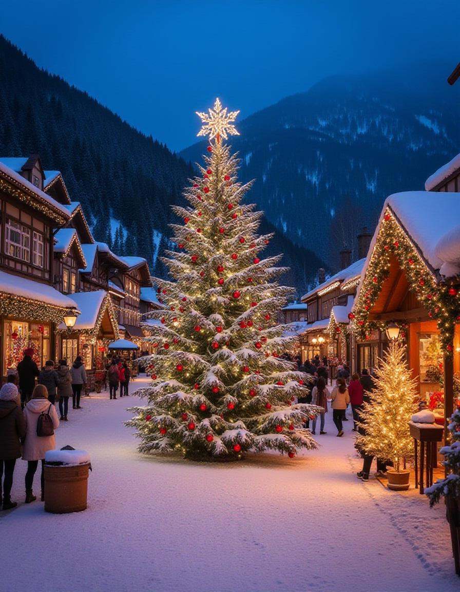 illuminated Christmas scene in a quaint,  christmas town. The image is a photograph of a snowy,  their roofs and eaves dus...