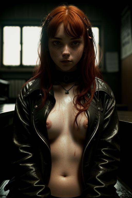dsytopianx style,  a portrait of a redhead,  freckles teacher is sitting on Tensor.Art