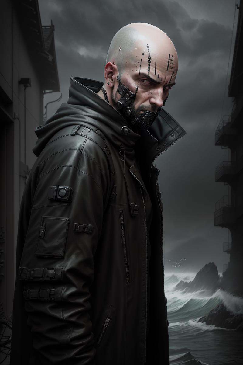 dystopianx style,  photo of 42 y.o man in black clothes,  bald on Tensor.Art