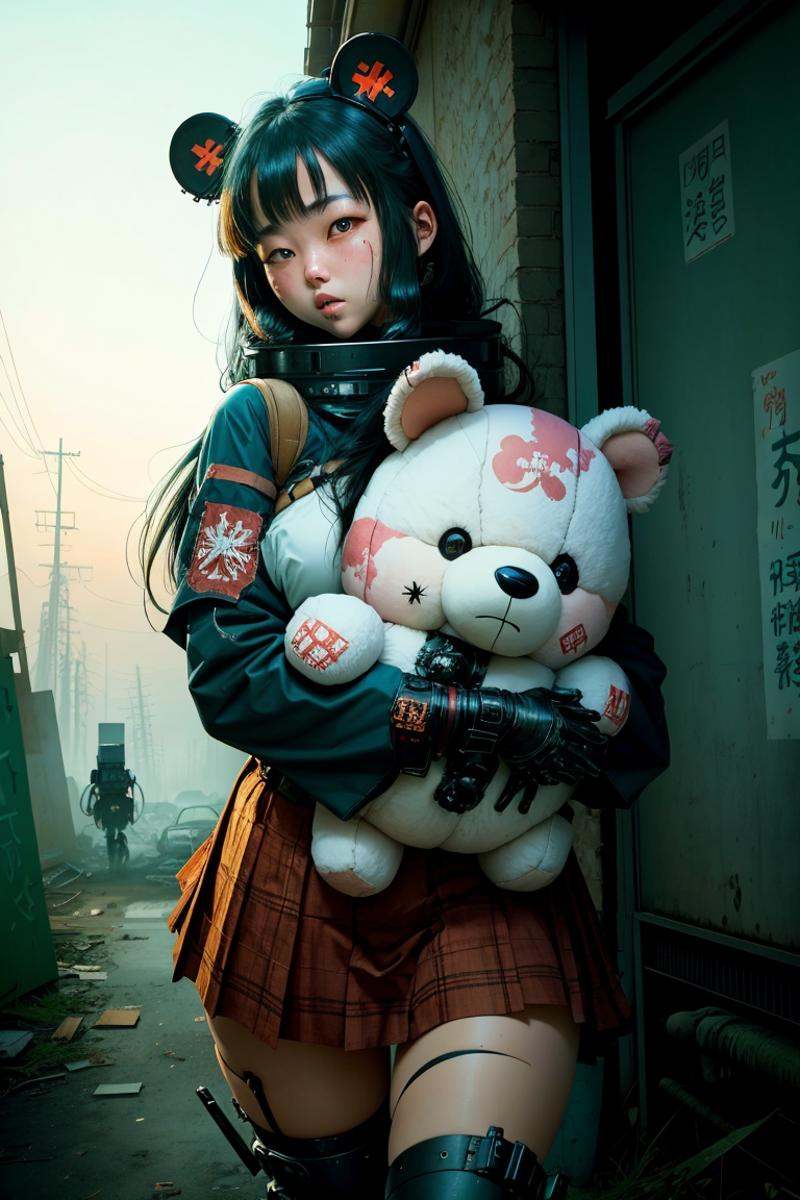 dystopianx style,  japanese schoolgirl hugging a giant scary teddy toy,  fluffy on Tensor.Art