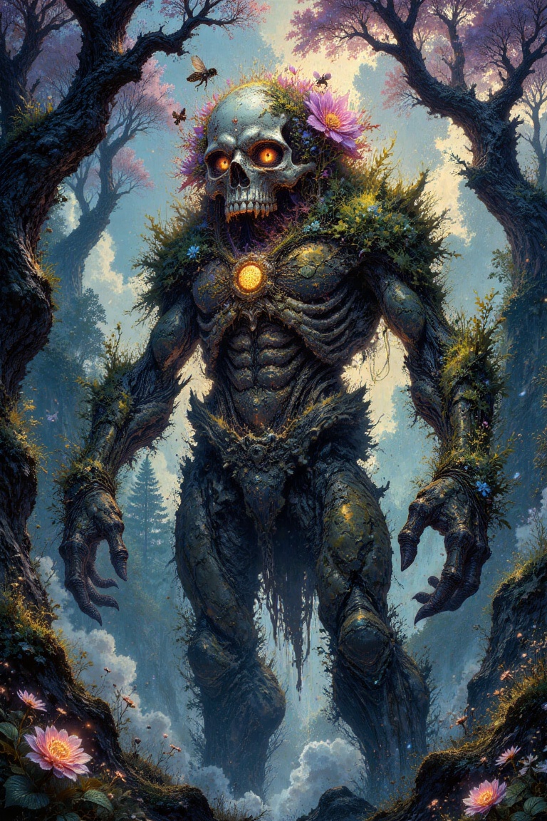 A towering mythical creature resembling an ent looms in the scene,  its head formed by a massive human skull draped in pat...