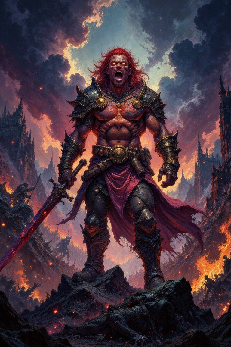 a battlefield drenched in blood and fire,  a warrior with wild,  crimson-streaked hair and scarred on Tensor.Art