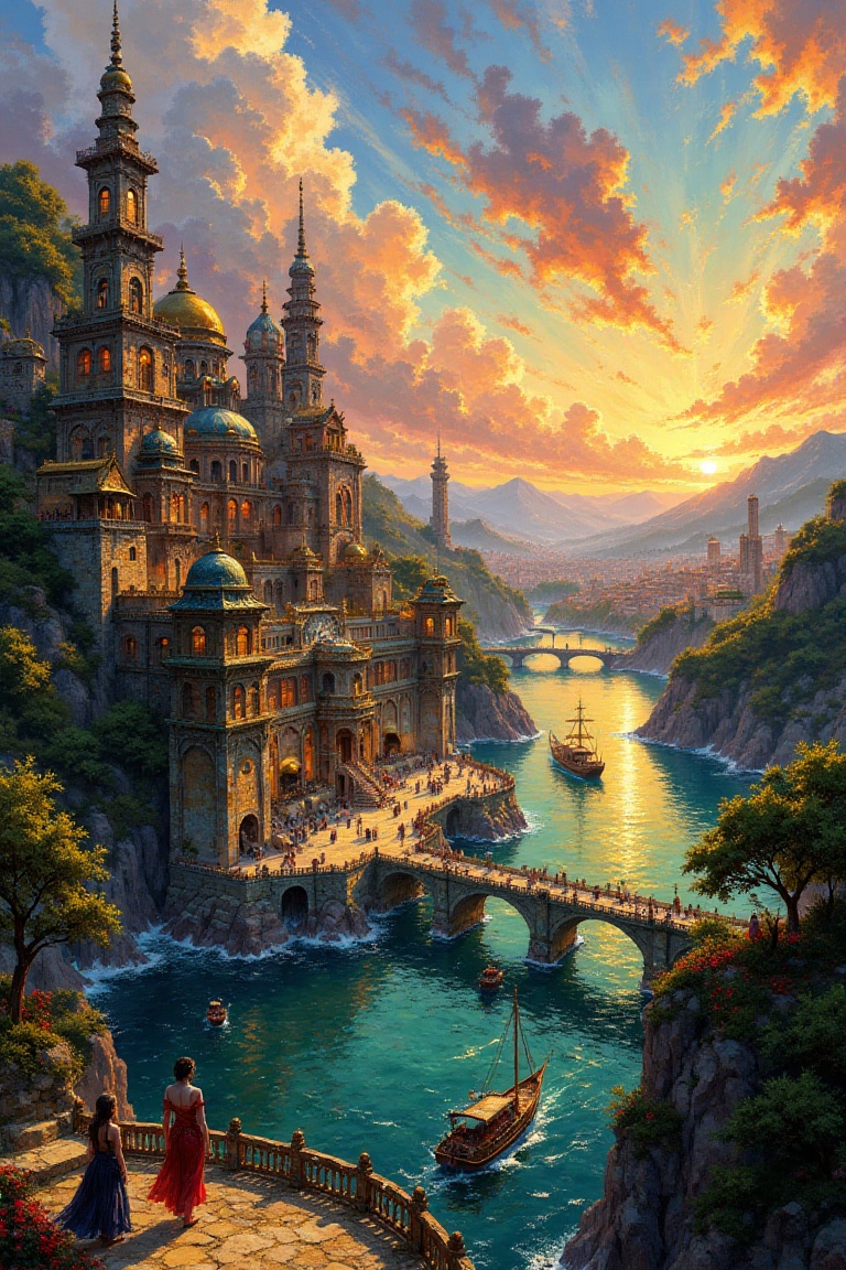 A vibrant fantasy cityscape during sunset,  showcasing intricate architecture blending Eastern and Western styles. The sce...