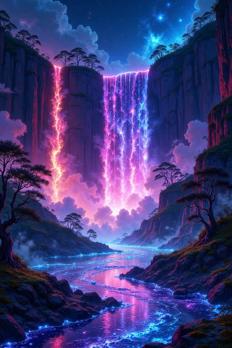A mesmerizing trio of neon waterfalls cascades down from towering cliffs,  each glowing with electric intensity against th...
