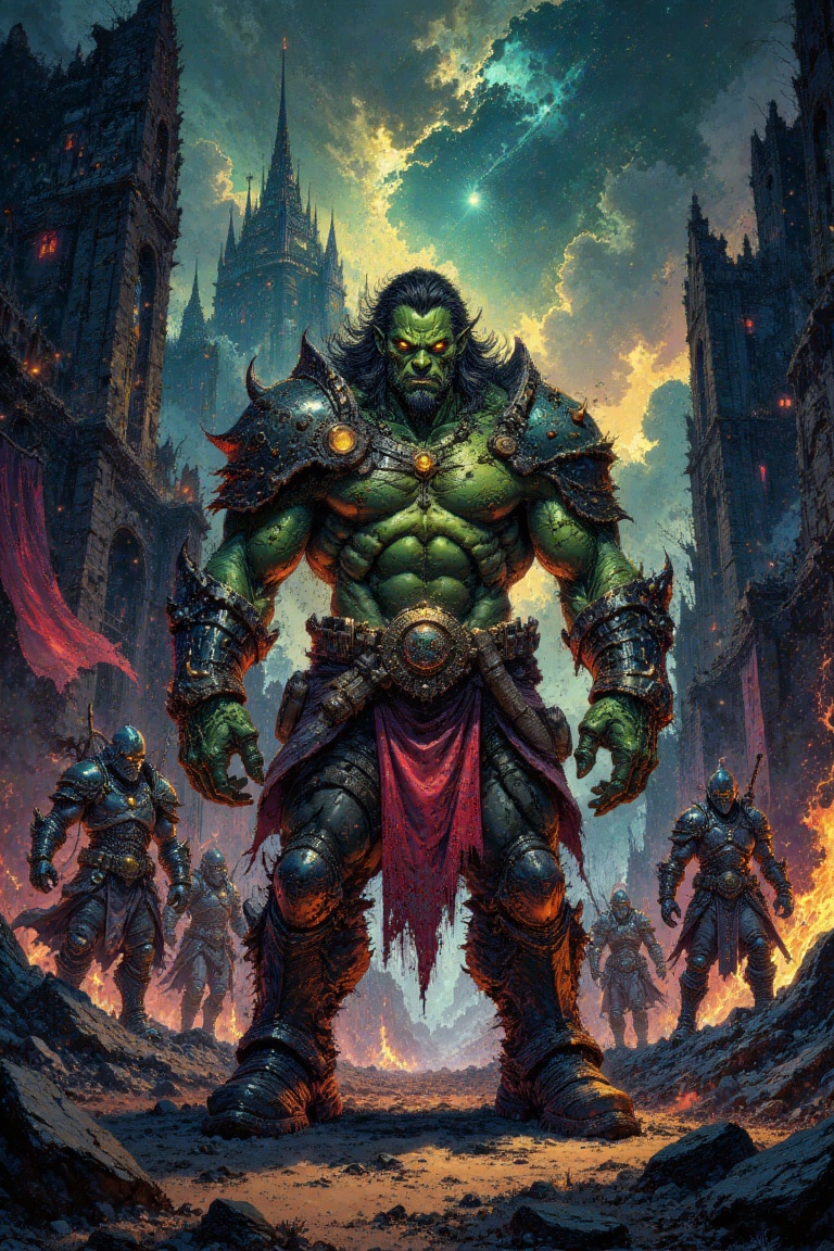 A monstrous half-orc warlord with deep scars across his jade-green skin stands in the center of a ruined city,  a massive,...