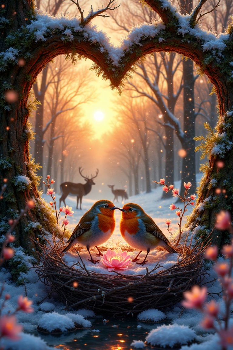 At the heart of an enchanted winter forest,  nestled between the roots of an ancient oak tree,  a pair of red robins busil...
