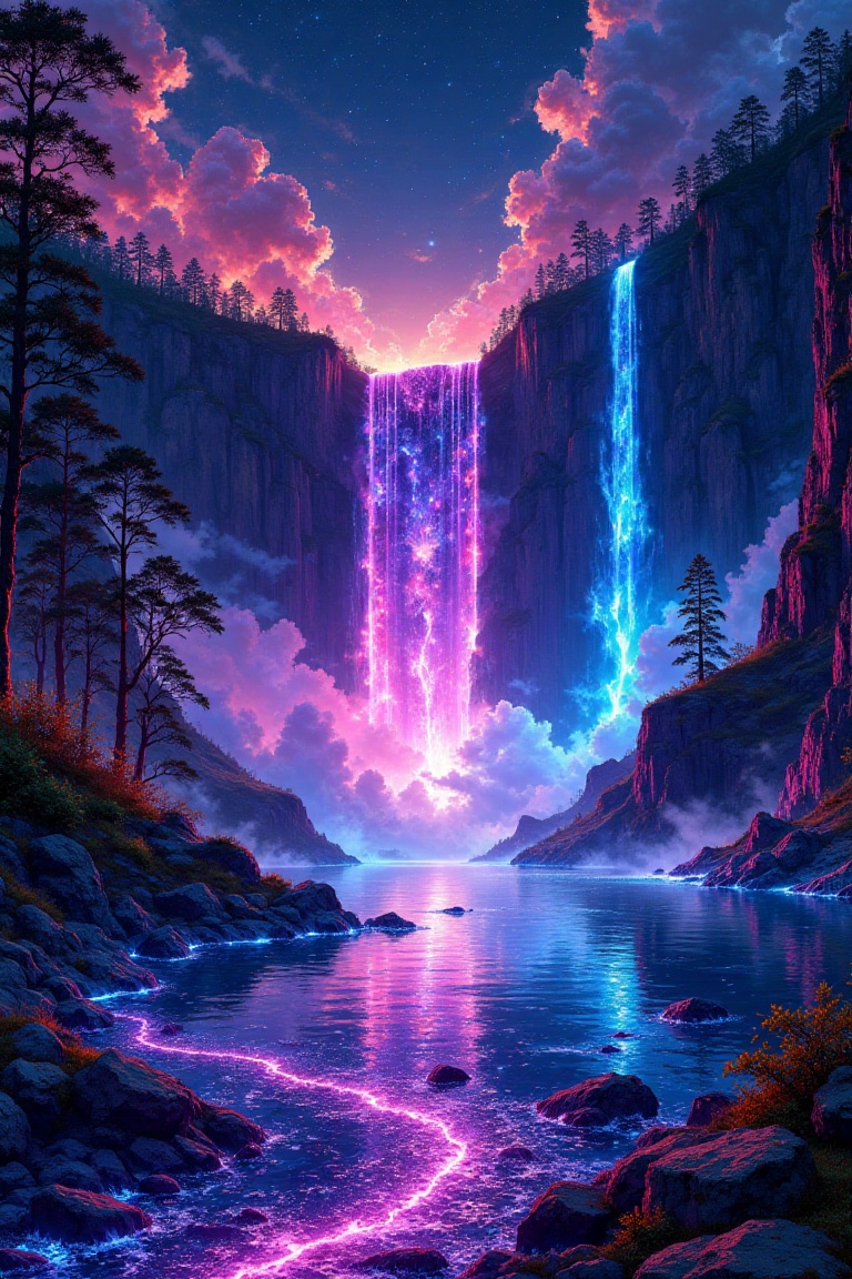 A mesmerizing trio of neon waterfalls cascades down from towering cliffs,  each glowing with electric intensity against th...