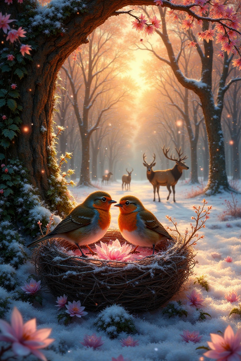 At the heart of an enchanted winter forest,  nestled between the roots of an ancient oak tree,  a pair of red robins busil...