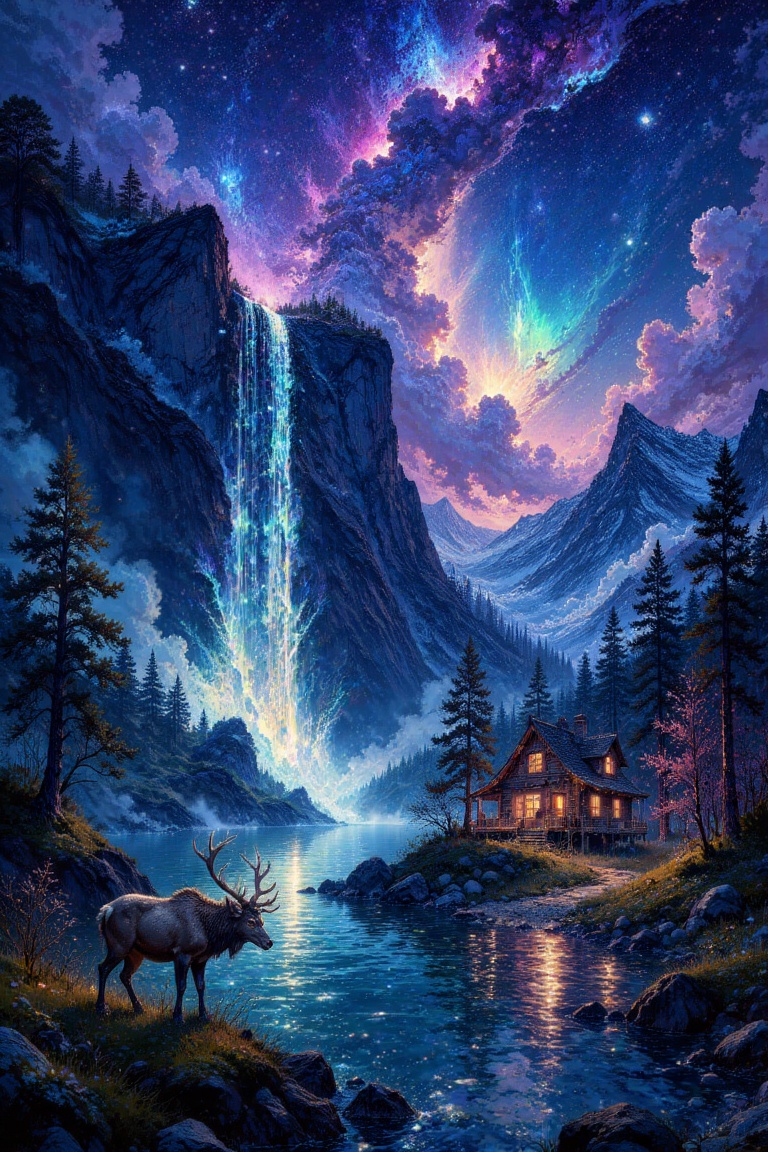 A magnificent waterfall of glowing,  liquid light cascades from a towering cliffside,  the water shimmering in waves of el...