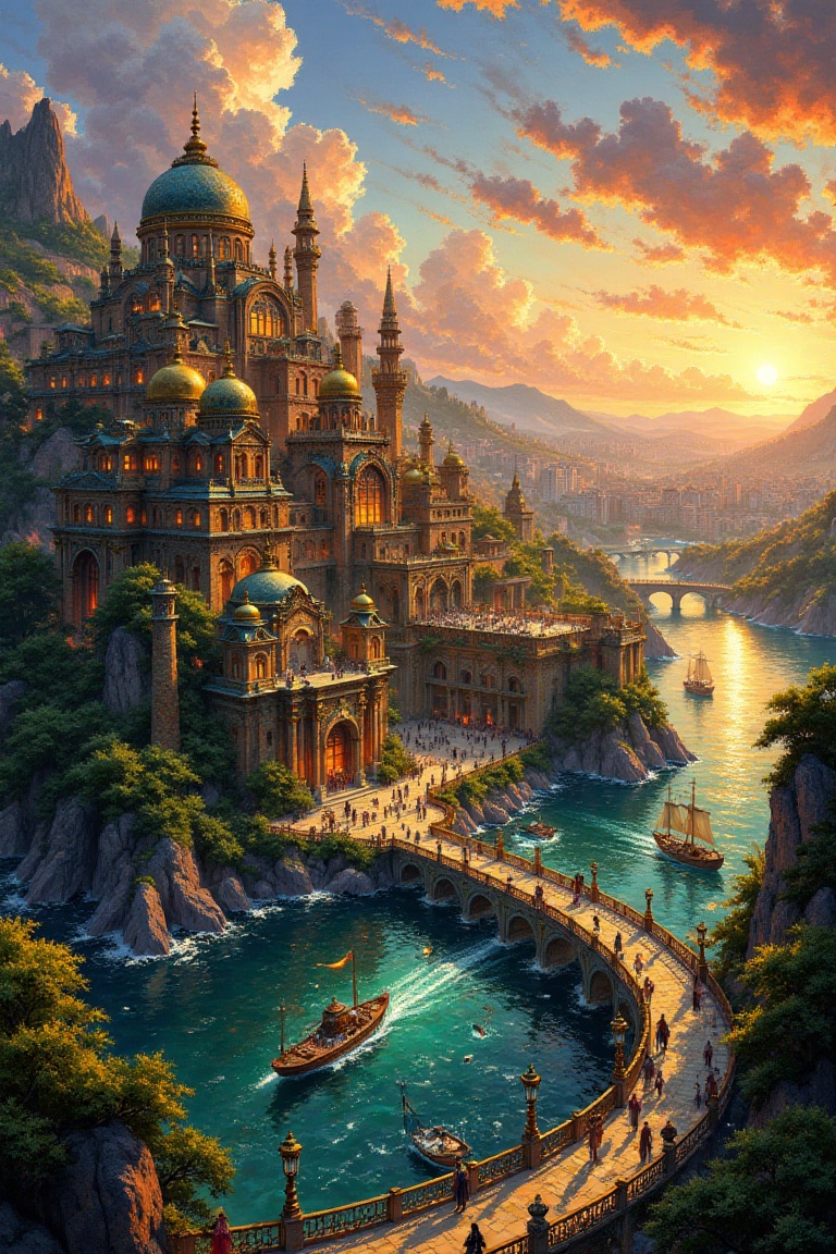A vibrant fantasy cityscape during sunset,  showcasing intricate architecture blending Eastern and Western styles. The sce...