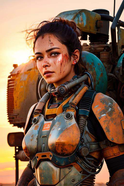 realistic photo modelshoot style,  (detailed face),  (woman waifu in a cramped rusty hydraulic mech exoskeleton) on Tensor...