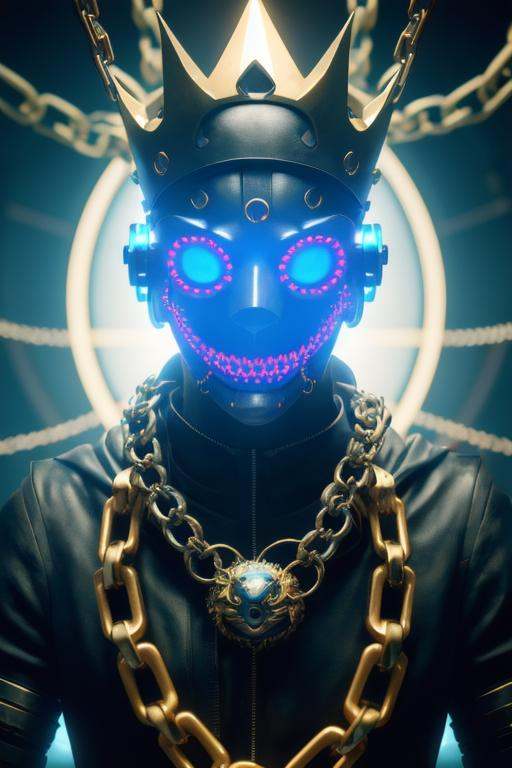 3d render of a cyberpunk creature with a hacker mask and chain crown,  long flowing chain,  disturbing face on Tensor.Art