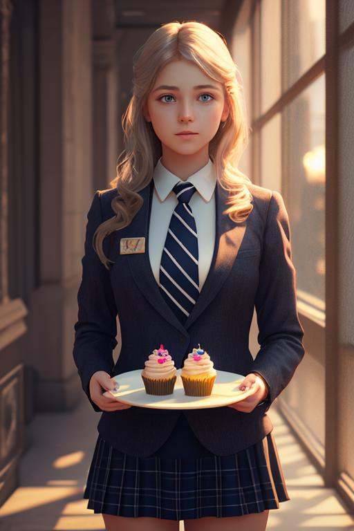 a girl,  wearing a tie,  cupcake in her hands on Tensor.Art