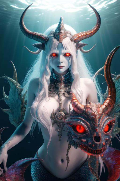 3d render of a scary mermaid creature with a god mask and long horns,  long flowing white-silver hair,  glowing red eyes o...