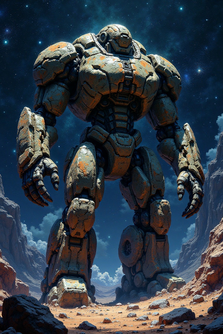 A giant rock golem stands in outer space,  its form composed of rough,  unpolished on Tensor.Art