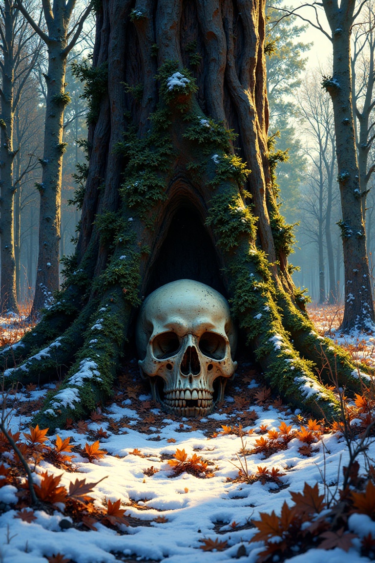 In an old forest,  the focus is on a towering tree with a human skull nestled among its roots. Dead,  dry leaves and twigs...