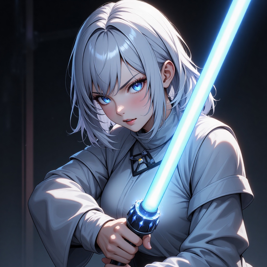 artwork by ry012. A striking image of a young woman with vibrant white hair and piercing blue eyes,  poised in a fierce fi...