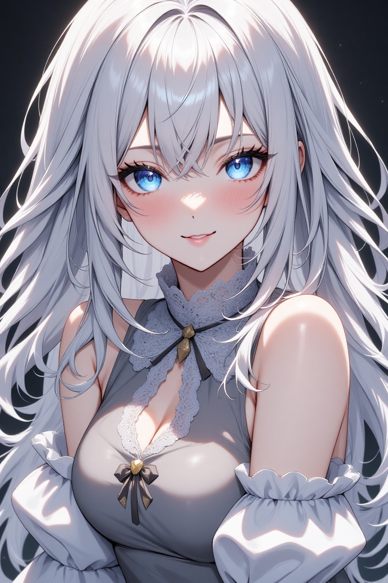 artwork by ry012. A portrait of a girl with fair skin,  vibrant blue eyes,  and long white hair that frames her face with...