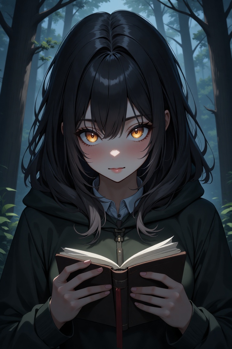 A close-up portrait of a curious girl,  her piercing gaze shrouded in mystery as she whispers secrets to the night air. Th...