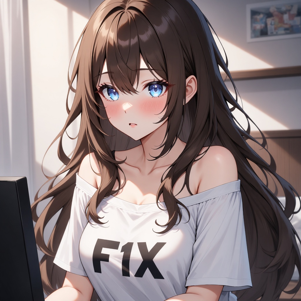 artwork by ry012. A young woman with long brown hair and blue eyes. She wears a white off shoulder t-shirt with text: "F1X...
